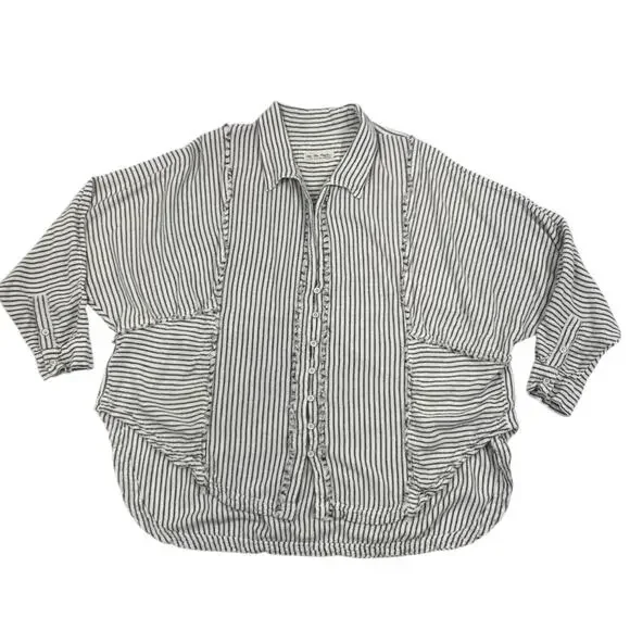 FREE PEOPLE One & Only Linen Blend Blouse Tunic Sz L Black White Boho Festival - Picture 6 of 11